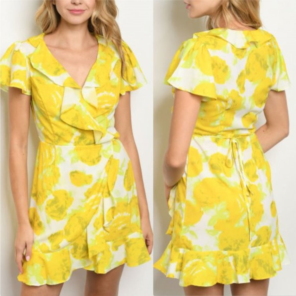 CHIC DOLLZ Yellow Floral Print Mini Wrap Dress - Picture 4 of 4